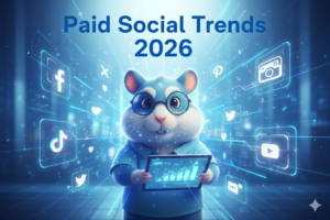 Illustrated hamster mascot wearing glasses and holding a tablet with analytics charts, surrounded by social media platform icons including Facebook, TikTok, Twitter, Pinterest, and YouTube, with text reading Paid Social Trends 2026