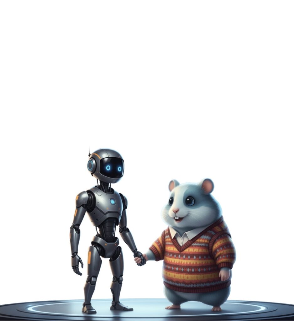 Illustrated hamster mascot in a colorful sweater shaking hands with a robot, representing the partnership between human expertise and AI-driven marketing automation