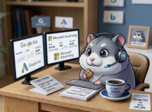 Illustrated hamster mascot wearing headphones sitting at a dual-monitor desk showing Google Ads and Microsoft Advertising dashboards side by side, with notes comparing Google CPC versus Bing CPC metrics