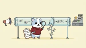 Coby hamster mascot inspecting a leaking lead pipeline with a magnifying glass while qualified lead cards reach a cash register