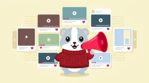Coby's hamster mascot holding a megaphone in front of a feed of video thumbnails, illustrating demand gen campaigns in Google Ads