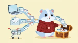 Cartoon hamster sorting customer data cards into a small treasure chest, illustrating a first-party data strategy