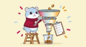 Cartoon hamster mascot calibrating a conversion funnel with a wrench, illustrating a clean Google Ads conversion tracking setup