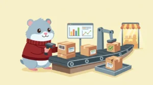 Coby hamster mascot scanning product boxes on a conveyor belt with a barcode scanner while a dashboard shows approved and rejected products