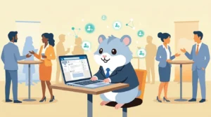 Cartoon hamster in a tiny business blazer building a three-layer LinkedIn ads funnel on a laptop