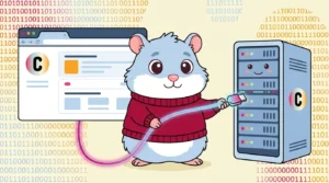 Cartoon hamster plugging a cable from a browser window into a server, illustrating the Meta Conversions API