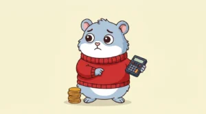 Coby hamster with a calculator weighing coins against banknotes on a balance scale, illustrating POAS versus ROAS