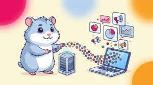 Coby's hamster mascot routing tracking data through a small server rack towards ad platform icons