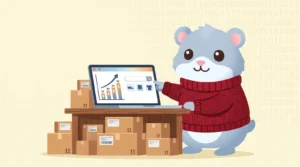Illustratie van de Coby Agency hamster als marktplaatsverkoper die pakketjes en advertentieresultaten op bol beheert