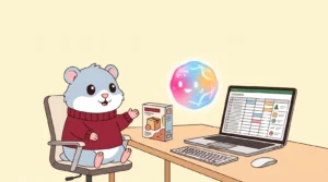 Illustratie van de Coby Agency-hamster die productvragen beantwoordt in tekstballonnen naast een shoppingfeed op een laptop