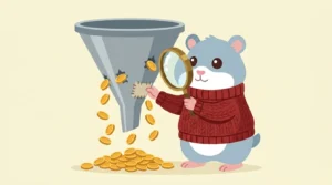 Blauwe hamster-mascotte die met een vergrootglas een grote verkooptrechter inspecteert terwijl munten uit kleine gaatjes lekken die hij dichtplakt, als beeld voor conversie optimalisatie
