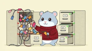 Blauwe hamster-mascotte die een rommelige archiefkast vol tracking-tags omtovert tot een opgeruimd systeem
