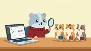 Illustration of the Coby hamster mascot interviewing agency candidates across a desk, inspecting one with a magnifying glass while a laptop shows charts