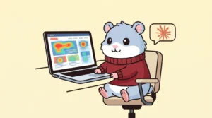 Illustration of the Coby Agency hamster mascot at a laptop showing a colourful website heatmap while a friendly AI chat bubble floats beside it, representing Microsoft Clarity data analysed with Claude
