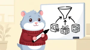 Cartoon hamster mascot connecting paid search, SEO and social blocks on a whiteboard, illustrating a PPC strategy that feeds the whole marketing mix