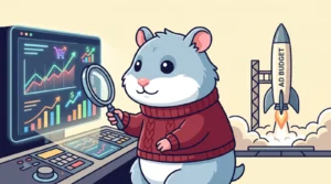 Blauwe hamster-mascotte die een conversie-trackingdashboard controleert voordat advertentiecampagnes starten