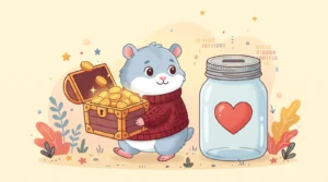 Illustration of the Coby Agency hamster mascot handing a large gift box of coins to a donation jar with a heart symbol, representing the free advertising budget of Google Ad Grants