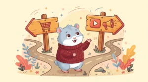 Illustration of the Coby Agency hamster mascot standing at a fork in the road between two signposts, representing the choice between Performance Max and Demand Gen campaigns