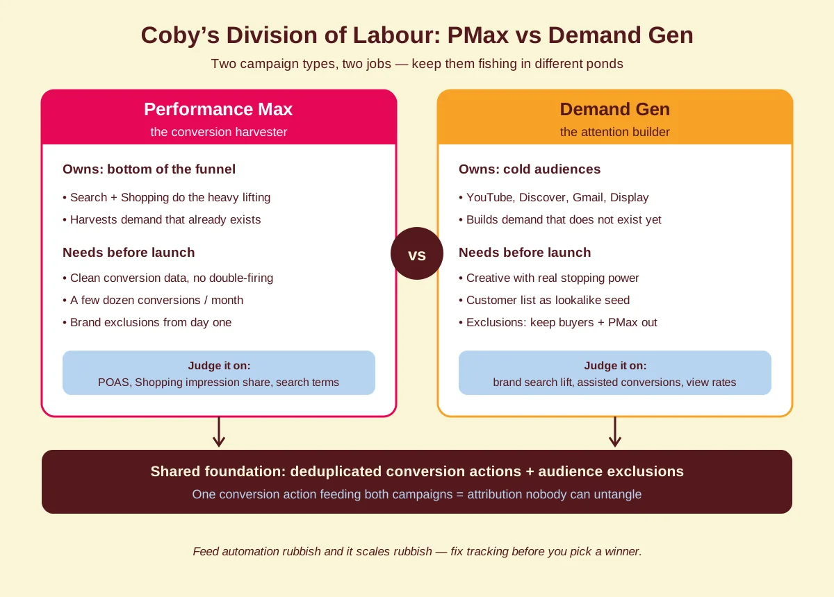 Diagram of Coby's division of labour between Performance Max (conversion harvester, bottom of funnel) and Demand Gen (attention builder, cold audiences), on a shared foundation of deduplicated conversion tracking